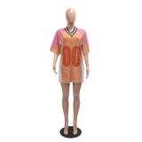 Beaded Contrast Color Half Sleeve V-neck Patchwork Loose T-shirt Dress