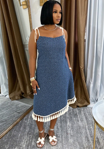 Women Tie Shoulder Tassel Loose Denim Dress