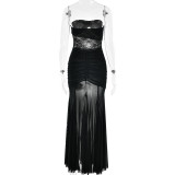 Solid Strapless Sexy Pleated Patchwork Hollow Maxi Dress