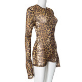 Women Round Neck Leopard Mesh Open Back Long Sleeve Button Rompers