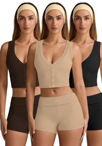 Ribbed V-neck Button Tank Crop Top and Shorts Two Piece Set