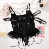 Plus Size Lingerie Lace-up See-Through Mesh Ruffles Lace Bodysuit Teddy Lingerie