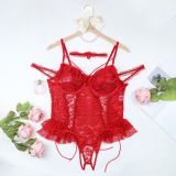 Plus Size Lingerie Lace-up See-Through Mesh Ruffles Lace Bodysuit Teddy Lingerie