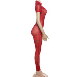 Women Sexy Backless Print See-Through Mesh Bodysuit Jumpsuit