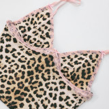 Leopard Print Lace Patchwork Bow Straps Top Shorts Two-Piece Set