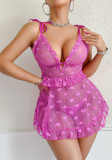 Sexy Mesh Heart Print Sheer Tie Shoulder Ruffle Nightdress Set