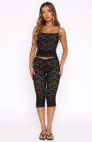 Women Sexy Lace Cami Top and Cropped Pants Two-piece Set