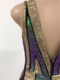 Women Contrast Sequin Backless V-neck Sexy Evening Dress
