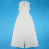 Women Casual Solid Sleeveless Button Wide Leg Jumpsuit