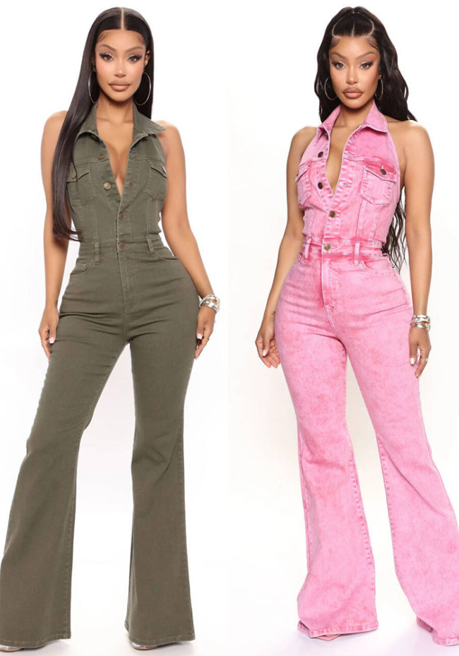 Denim Stretchy Sexy Backless Turndown Collar Halter Cargo Jumpsuit