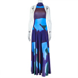 Trendy Print Halter Low Back Sleeveless Maxi Dress