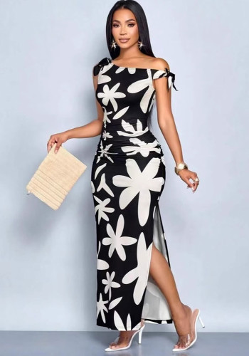 Black and White Floral Slash Shoulder Ruched Slit Maxi Dress