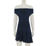 Chic Navyblue Pleated Off-Shoulder Sexy Low-Back Lace-Up Mini Dress