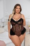 Plus Size Lingerie Lace-up See-Through Mesh Ruffles Lace Bodysuit Teddy Lingerie