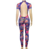 Women Sexy Backless Print See-Through Mesh Bodysuit Jumpsuit