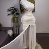 Women Solid Sleeveless Party Slash Shoulder Pleated Slit Maxi Dress