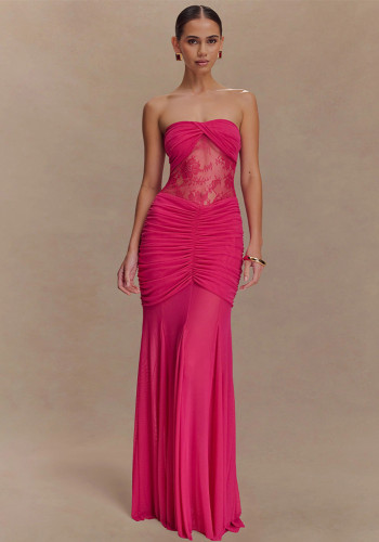 Solid Strapless Sexy Pleated Patchwork Hollow Maxi Dress