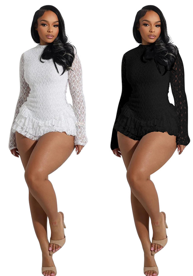 Sexy Lace Long Sleeve Open Back Ruffle Layered Rompers
