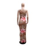 Slash Shoulder Leopard Floral Printed Hollow Sheer Mesh Long Dress