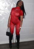 Women Sexy Backless Print See-Through Mesh Bodysuit Jumpsuit
