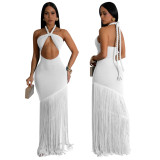 Tassel Patchwork Halter Bodycon Maxi Dress