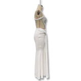 Women Sexy One-shoulder Backless Cut Out Solid Lace-Up Ruched Maxi Dress