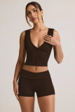 Ribbed V-neck Button Tank Crop Top and Shorts Two Piece Set