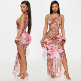 Slash Shoulder Leopard Floral Printed Hollow Sheer Mesh Long Dress
