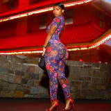 Women Sexy Backless Print See-Through Mesh Bodysuit Jumpsuit
