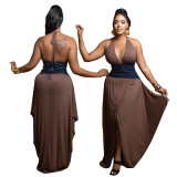 Slit Irregular Patchwork V-neck Halter Backless Maxi Dress