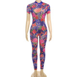 Women Sexy Backless Print See-Through Mesh Bodysuit Jumpsuit