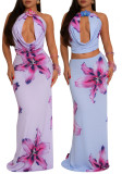 Sexy Cowl Neck Low Back Halter Neck Floral Print Two Piece Skirt Set
