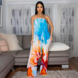 Printed Strapless Irregular Top and Wide Leg Pants Two-Piece Set