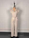 Solid Sleeveless Wide Leg Tie Waist Cargo Jumpsuit