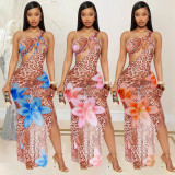 Slash Shoulder Leopard Floral Printed Hollow Sheer Mesh Long Dress