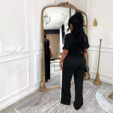 Fashion Denim Patchwork Stand Collar Short Sleeve Long Zip Jumpsuit
