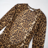 Women Round Neck Leopard Mesh Open Back Long Sleeve Button Rompers