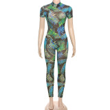 Women Sexy Backless Print See-Through Mesh Bodysuit Jumpsuit