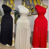 Women Solid Sleeveless Party Slash Shoulder Pleated Slit Maxi Dress