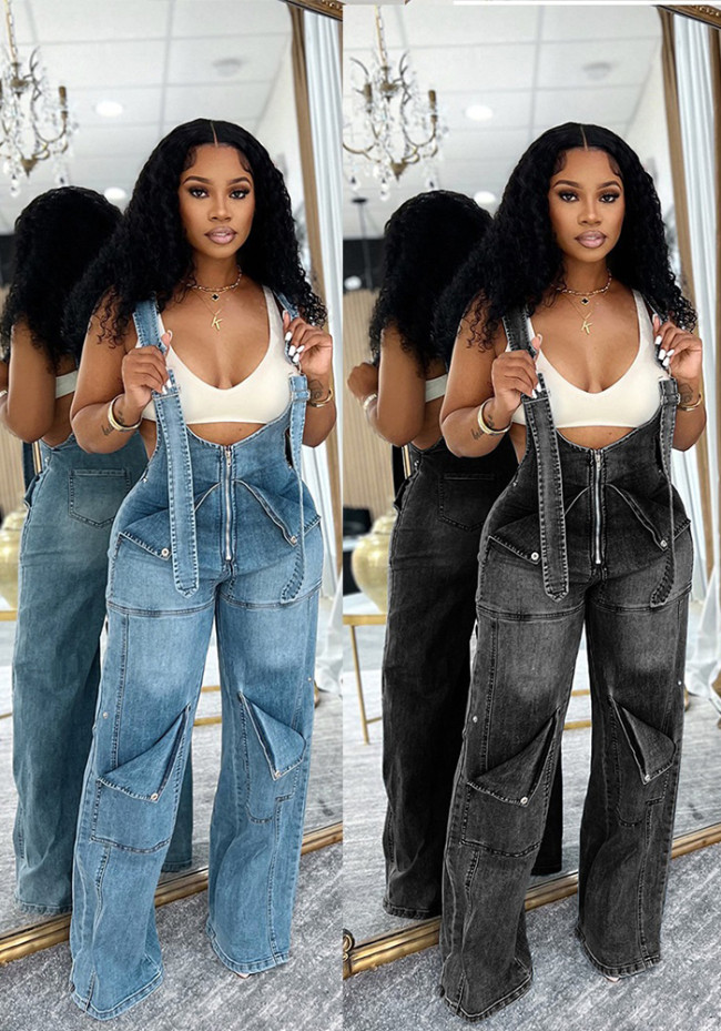 Denim Overall Loose High-Waist Wide-Leg Suspender Jumpsuit
