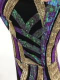 Women Contrast Sequin Backless V-neck Sexy Evening Dress