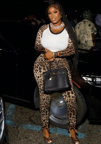 Leopard Patchwork Sexy Long Sleeve Crop Top & Pants Slim 2PCS Set