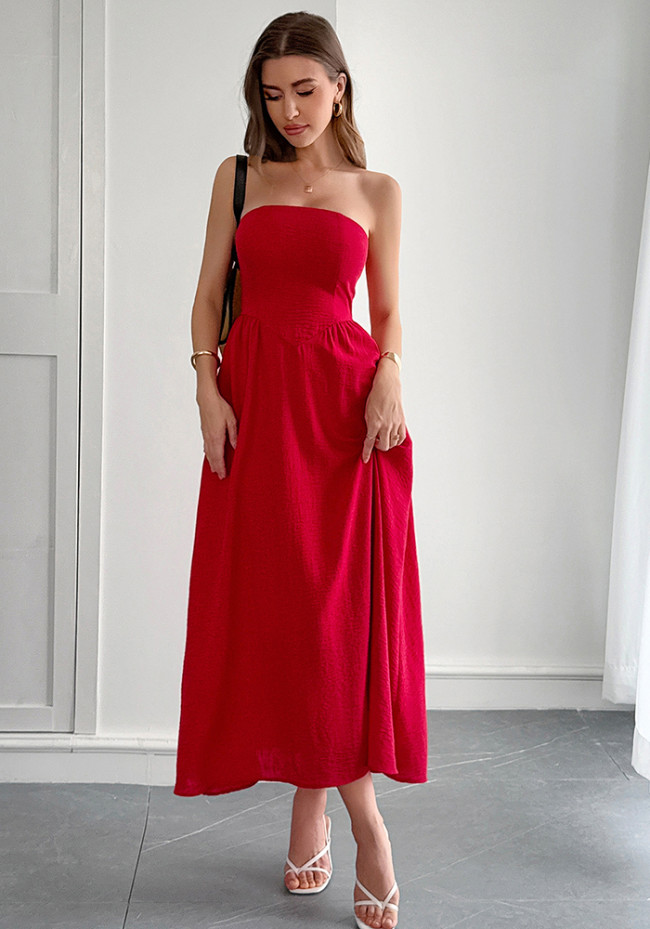 Solid Strapless Slim Waist Long Dress
