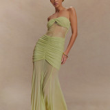 Solid Strapless Sexy Pleated Patchwork Hollow Maxi Dress