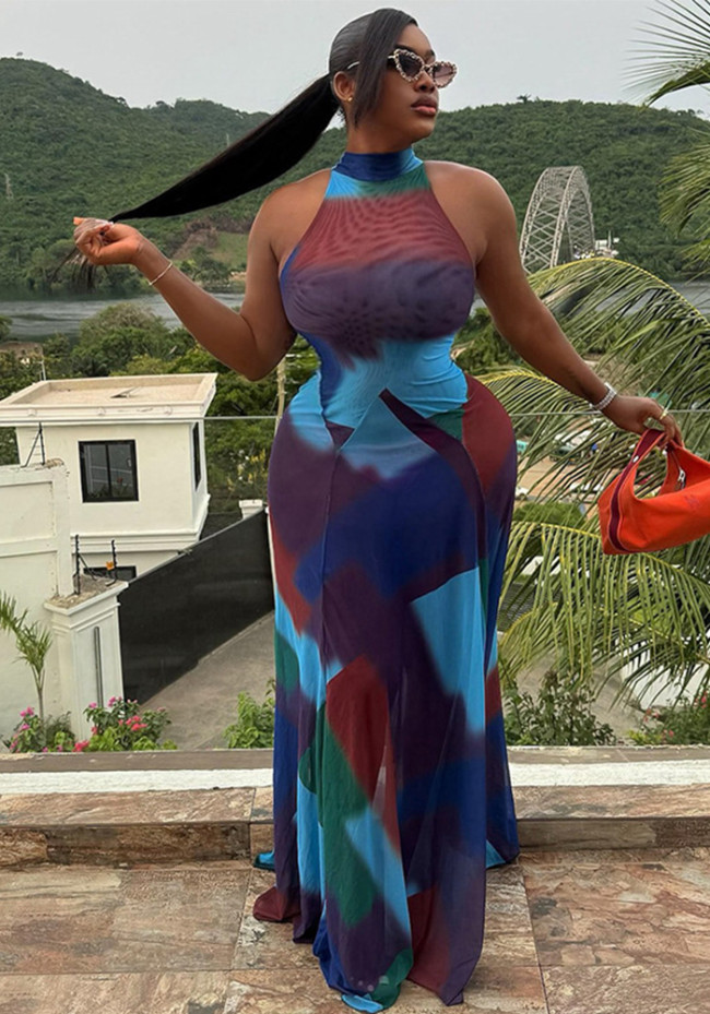 Trendy Print Halter Low Back Sleeveless Maxi Dress