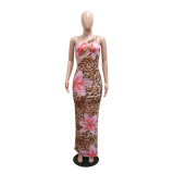 Slash Shoulder Leopard Floral Printed Hollow Sheer Mesh Long Dress