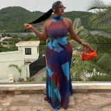 Trendy Print Halter Low Back Sleeveless Maxi Dress