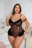 Plus Size Lingerie Lace-up See-Through Mesh Ruffles Lace Bodysuit Teddy Lingerie