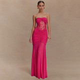 Solid Strapless Sexy Pleated Patchwork Hollow Maxi Dress
