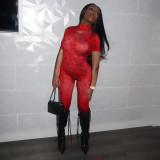 Women Sexy Backless Print See-Through Mesh Bodysuit Jumpsuit